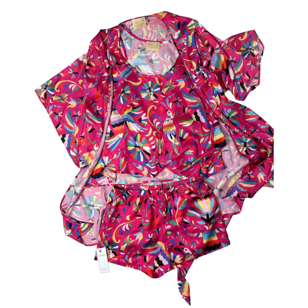 Judith March Womens Pink Otomi Tropical Bird Floral 3 Piece Pajama Set  M NWT